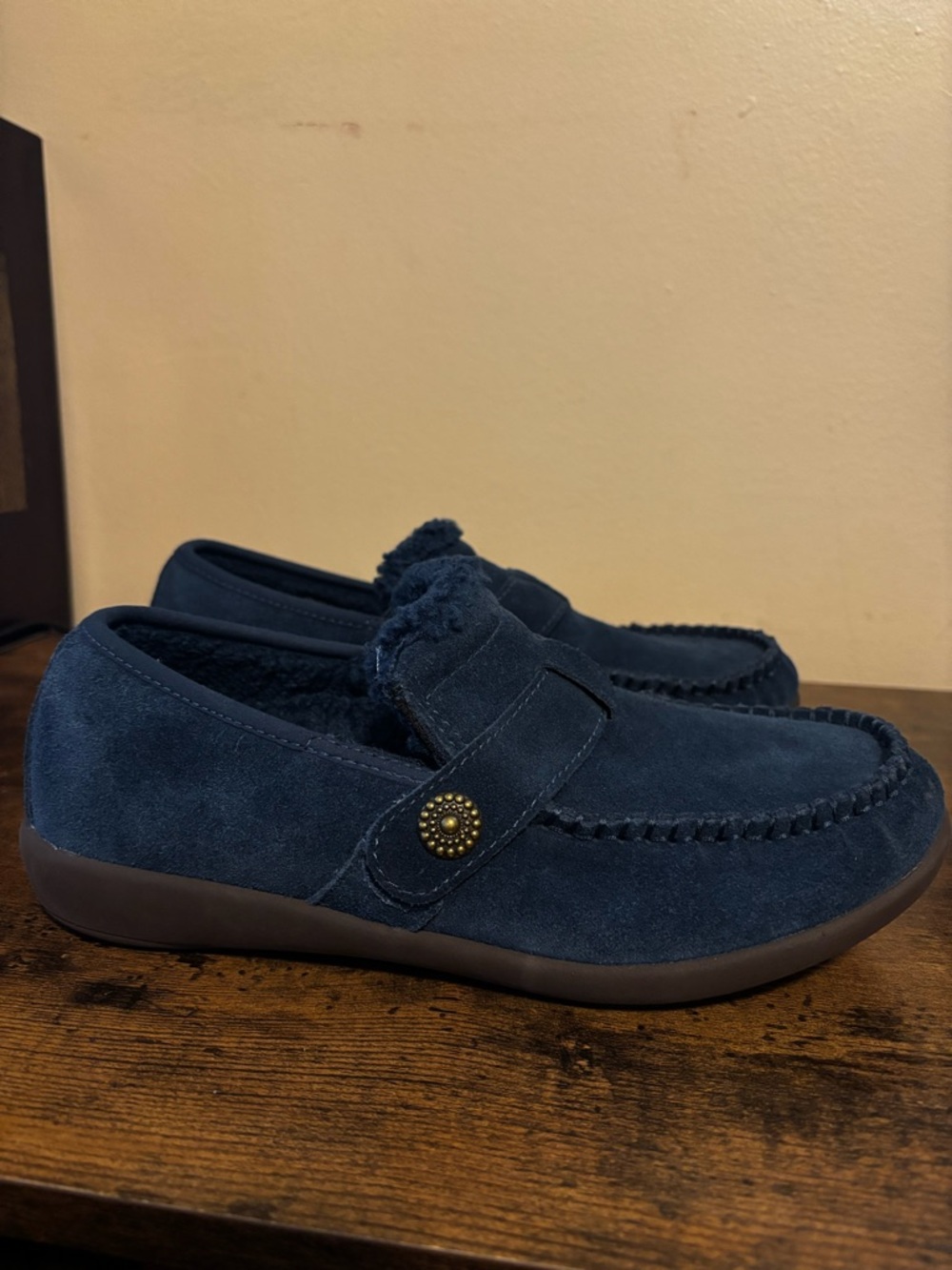 REVITALIGN Navy Blue Suede Moccasin Slippers